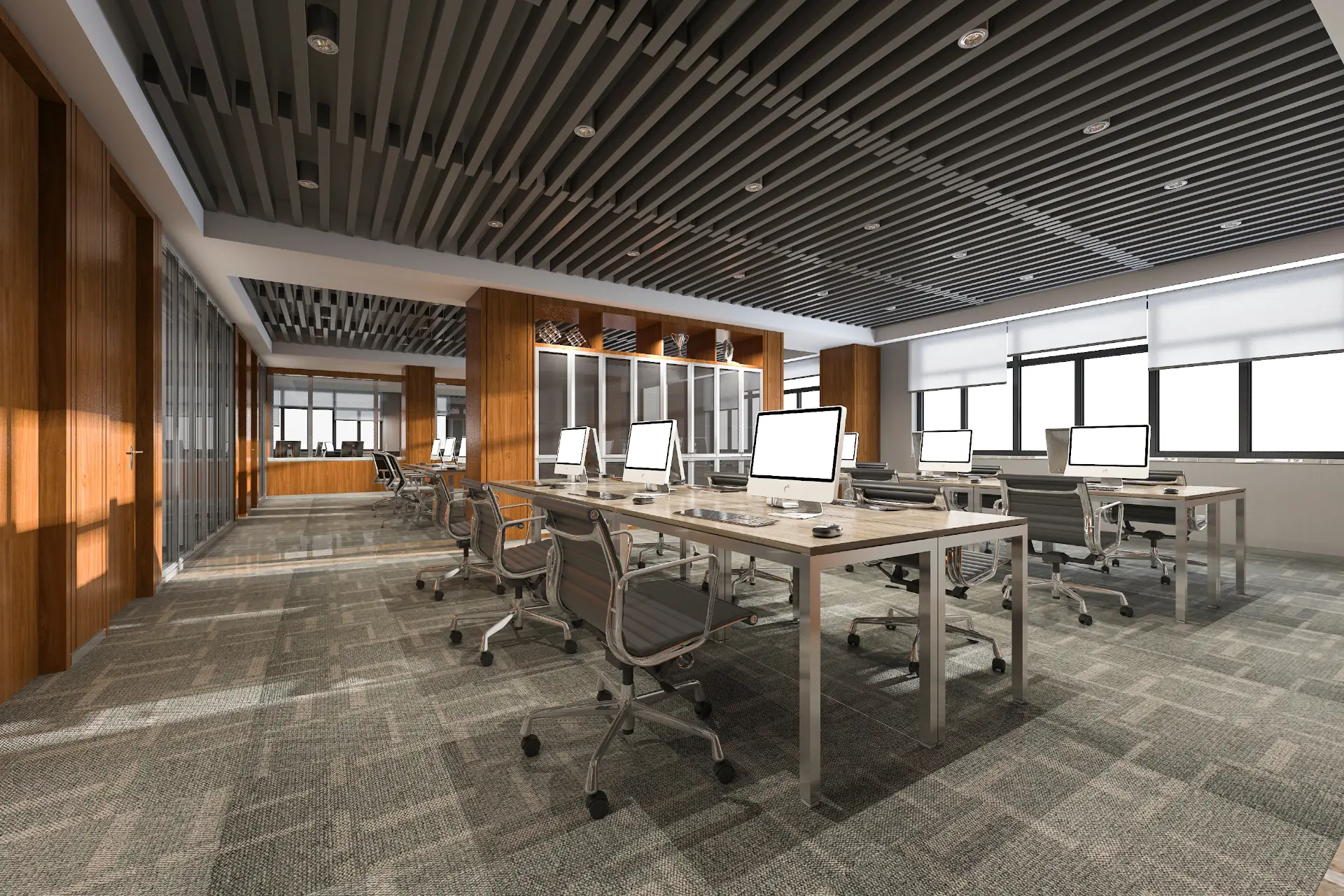 biuro adaptacja przestrzeni biurowych interior modern office wooden furniture nowoczesne wnętrza biurowe open space przestrzeń biurowa wyposażenie biura ergonomia w pracy grafika Mori Place